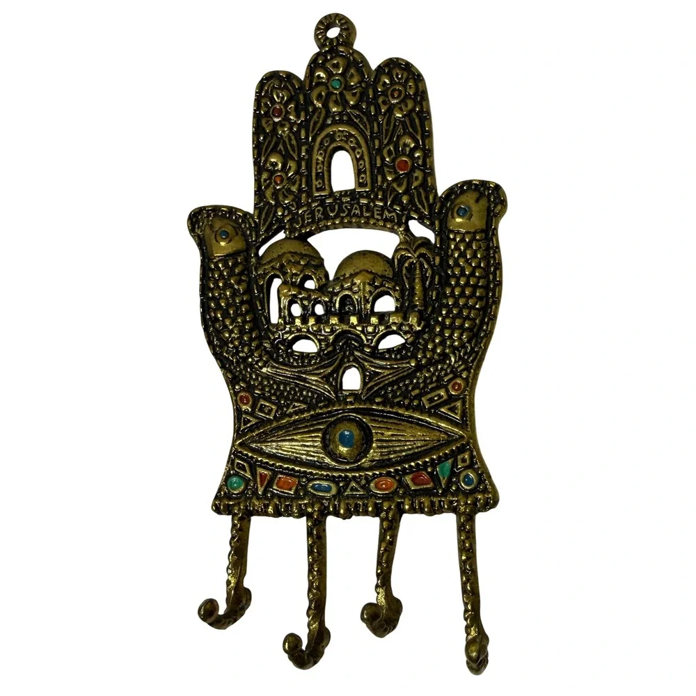 Tamar Holy Land Brass Hamsa Jerusalem Evil Eye Wall Hook Rack Vintage Israel